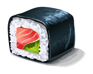 Thick salmon maki sushi roll with fresh fish and dark seaweed for traditional japanese seafood snack and appetizer Vector Illustration © powdesign