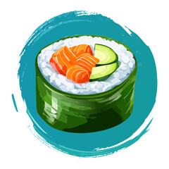 Fresh salmon and cucumber sushi maki roll with green seaweed for healthy japanese seafood appetizer and menu Vector Illustration © powdesign