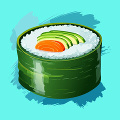 Freshly prepared salmon maki sushi roll with green cucumber for authentic japanese restaurant menu and dining options Vector Illustration © powdesign