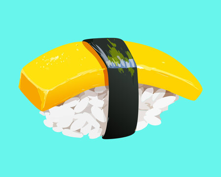 Delicious tamago nigiri sushi with yellow egg omelet and seaweed wrap for healthy japanese vegetarian meal options Vector Illustration