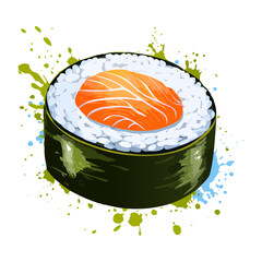 Delicious salmon maki sushi roll with seaweed for authentic japanese restaurant menu and gourmet seafood meal options design Vector Illustration © powdesign