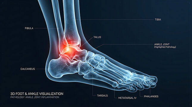 3D Medical Visualization of Human Foot and Ankle Bones with Inflamed Joint, Anatomy and Pathology