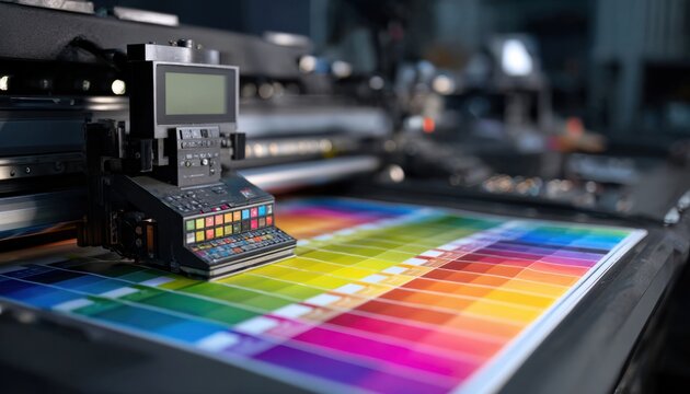 A digital printing press displaying vibrant color test sheet with detailed texture and gloss finish