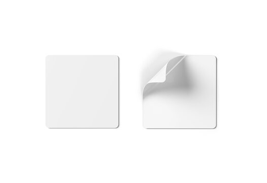 Blank squared stickers isolated on white. Square labels mockup. 3D rendering