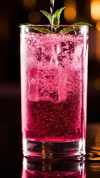 Deep pink sparkling cocktail with ice and mint garnish, close up in a tall glass, beverage preparation, refreshing drink