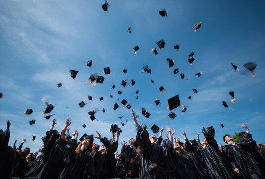 Group of diverse university graduates in black caps and gowns celebrating outdoor graduation ceremony with tossing caps into clear blue sky