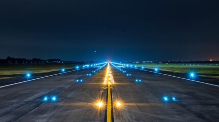 airport runway lights perspective view glowing blue and yellow guiding lines night scene