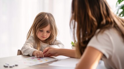 caregiver gently helping special needs child with learning activity at table soft natural light minimal home environment