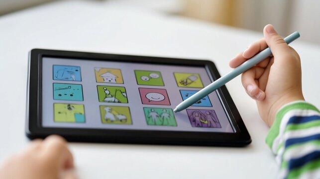 assistive technology tablet showing simple communication icons close up modern AAC device clean white background
