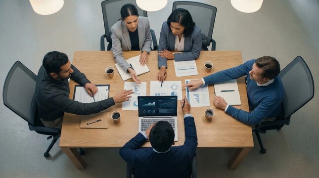 Diverse business team collaborating in a meeting, analyzing financial charts on a laptop and documents. High angle view