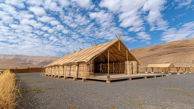 Ancient hebrew desert tent  a striped fabric nomadic shelter from biblical times
