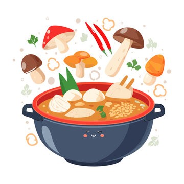 Smiling Hot Pot Character With Mushrooms And Vegetables Boiling For Fun Asian Cuisine Dining Party Concept - Vector Illustration