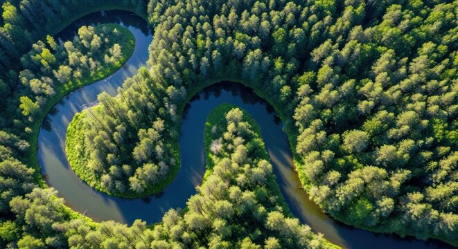aerial view of winding river through lush green forest