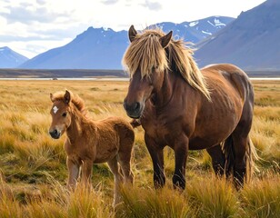 Obraz premium A large brown horse and a small foal in a field