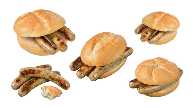A set of realistic photographs showcasing grilled sausages in bread rolls, with loose ones too.