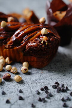 Closeup Bakery Set Artisan Gluten Wheat Chocolate Croissant Ciabatta Nutrition Bread Cake Display Rustic Dark Concrete Background
