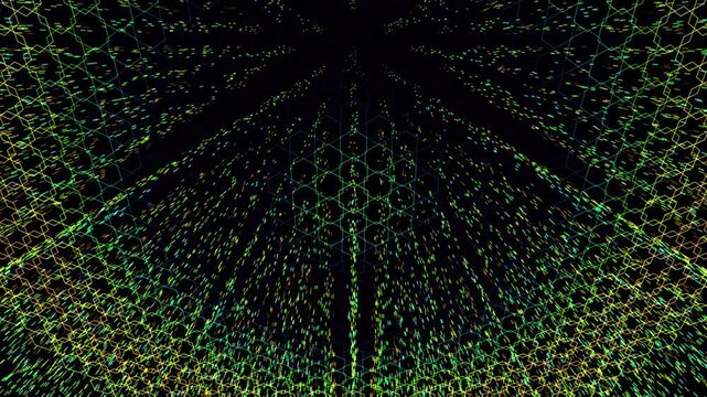 Glowing purple and orange data flows upward into a massive hexagonal structure. Simulates federated learning and decentralized aggregation, designed for AI and cloud infrastructure content.