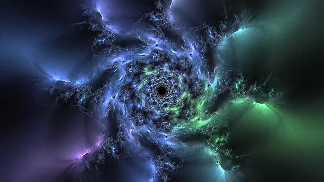Abstract spiral fractal background with intricate teal, violet, and green wispy patterns radiating from a central dark core, resembling cosmic nebula formations and complex geometric structures.