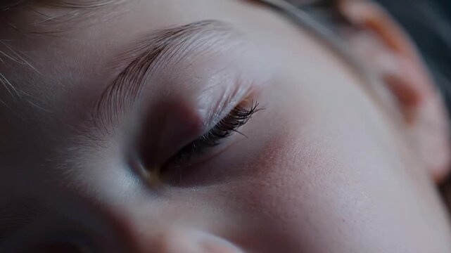 Extreme close-up of a closed eyelid twitching slightly during a dream state or REM sleep.