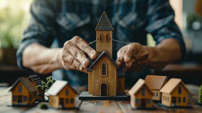 Man connecting miniature houses to church with chains, representing community support and outreach.