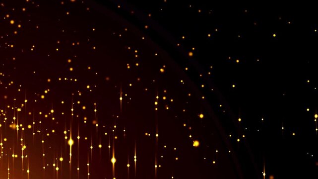 Shiny golden background. bright golden wave particles in the dark background loop 4k  golden light shine particles bokeh loopable on black background, holiday congratulation greeting party happy new