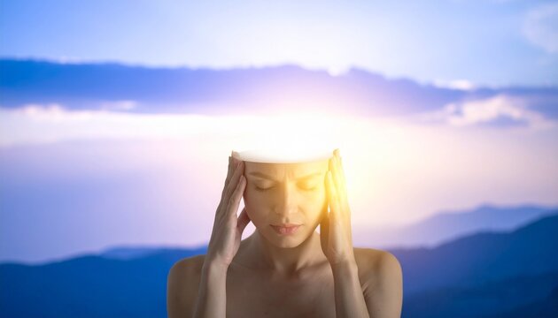 Person in white shirt standing near calm ocean, colorful sunset sky, contemplative pose with hands on head, serene outdoor atmosphere symbolizing reflection and tranquility.
