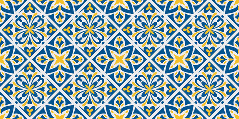 Naklejka premium Blue and yellow ceramic tiles in traditional Mediterranean style. Seamless floral pattern with Portuguese mosaic ornament for elegant interior design. Vector illustration