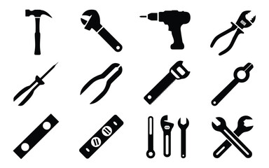 Fototapeta premium Collection of black silhouette icons of various hand tools on white background for diy projects and construction