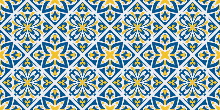 Blue and yellow ceramic tiles in traditional Mediterranean style. Seamless floral pattern with Portuguese mosaic ornament for elegant interior design. Vector illustration