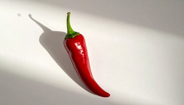 Single red chili pepper with glossy texture, green stem, curved elongated shape, soft shadows on white surface, vibrant composition emphasizing spice and natural contrast.
