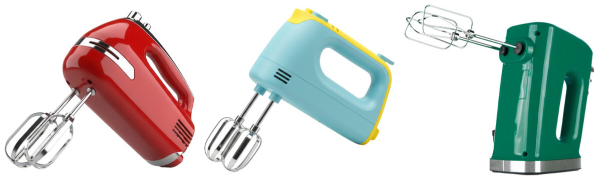 Three vibrant electric hand mixers in red, blue, and green, showcasing modern kitchen appliance designs.
