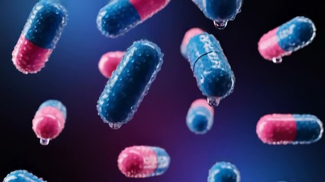 A close-up view of numerous pink and blue capsules or pills floating in mid-air against a dark background with subtle lighting effects