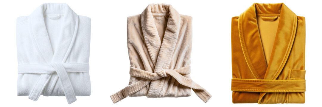 Three luxurious bathrobes in white, beige, and golden yellow, folded neatly for comfort and relaxation concepts.
