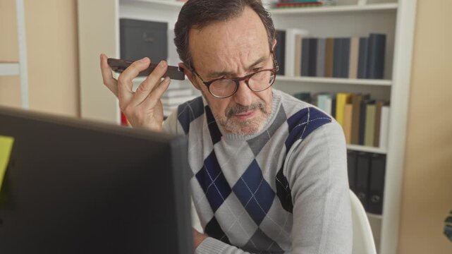 Man holds smartphone to ear with furrowed brow, wearing glasses and argyle sweater at desk in building; remote work frustration.