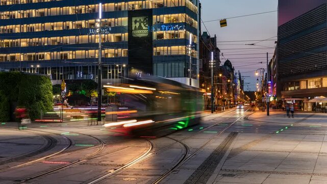 Katowice City Center by Dusk: Pulsating Tram Traffic (time lapse)