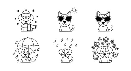 Fototapeta premium Seasonal Dog Vector Icons with Winter Summer Rainy and Autumn Themes
