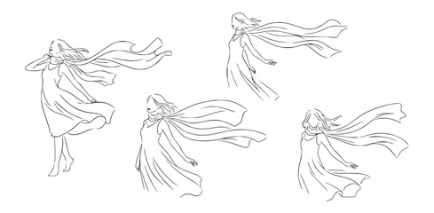 Fototapeta premium Set of simple line drawings illustrating figures with flowing capes and dresses in various dynamic poses against a white background