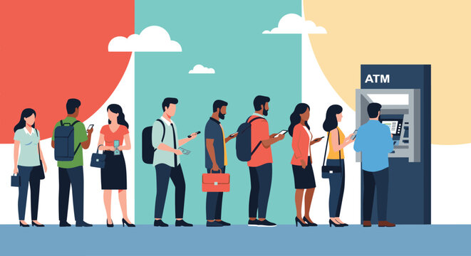 Diverse group of people standing in a long queue to use an automated teller machine against a colorful abstract background.