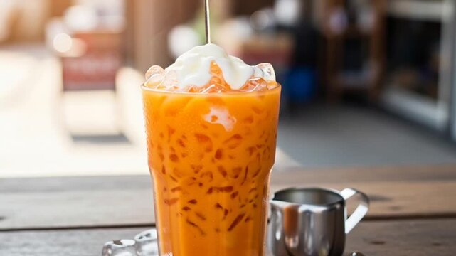 Glass of iced Thai tea with condensed milk on wooden table