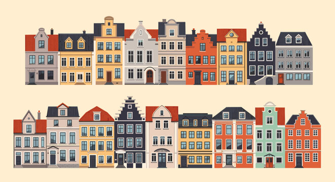 Charming collection of various European architectural styles featuring tall, narrow houses with colorful facades and gabled roofs.