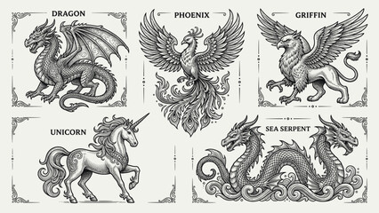 Fototapeta premium Collection of mythical creatures including dragon, phoenix, griffin, unicorn, and sea serpent