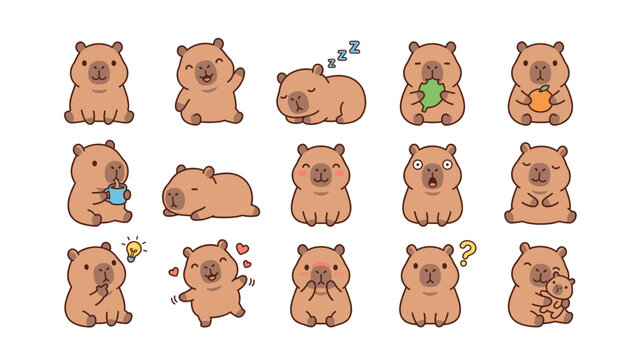 Collection of cute cartoon capybaras showing various emotions and activities