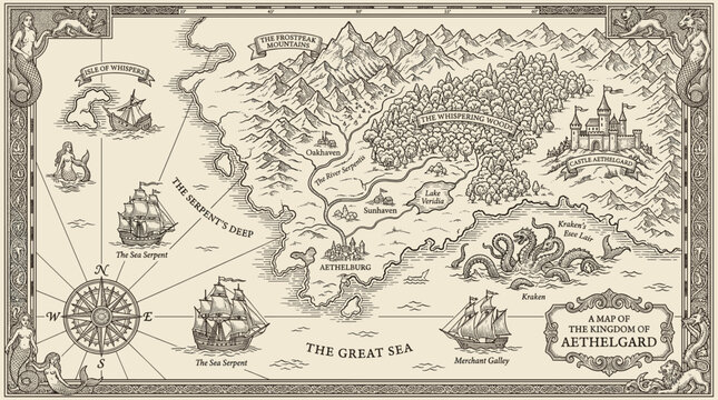 Vintage fantasy map of Aethelgard kingdom with mythical creatures and sailing ships