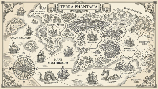 Fantasy map of Terra Phantasia with castles, forests, mountains, and sea monsters