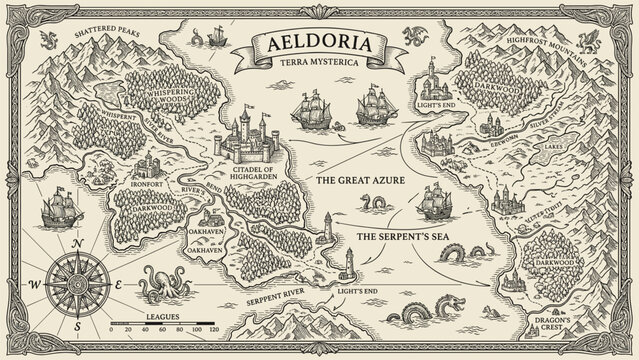 Fantasy map of Aeldoria with castles, forests, mountains, and seas