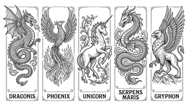 Collection of mythical creatures including dragons, phoenix, unicorn, and gryphon