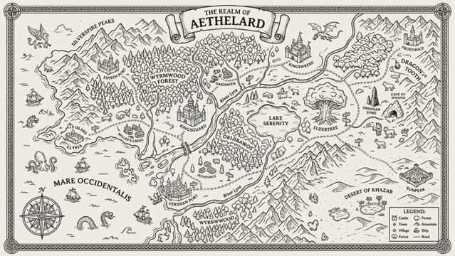 Fantasy map of Aethelard with castles, forests, mountains, and seas