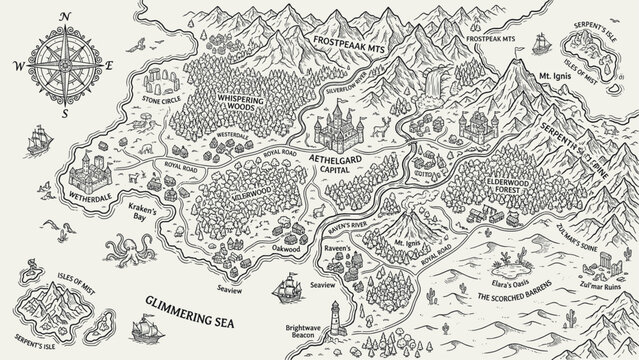 Fantasy hand-drawn map of a fictional kingdom with castles, forests, and mountains