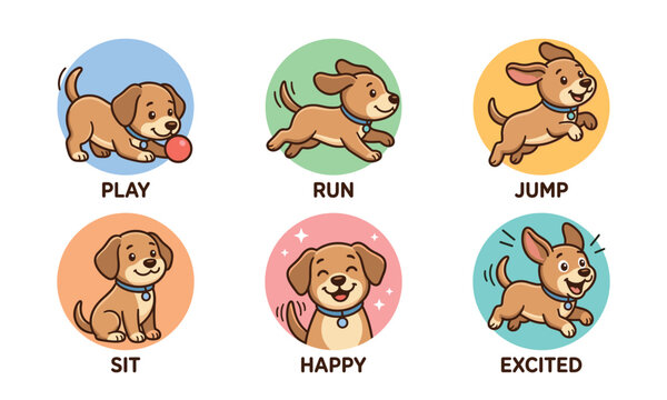 Cute cartoon dog showing different actions and emotions in colorful circles