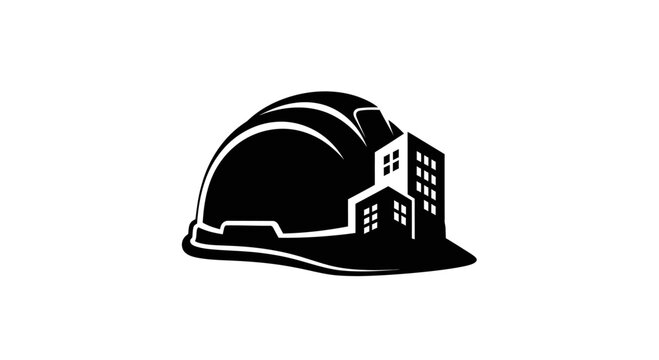 Construction hard hat with building silhouette.